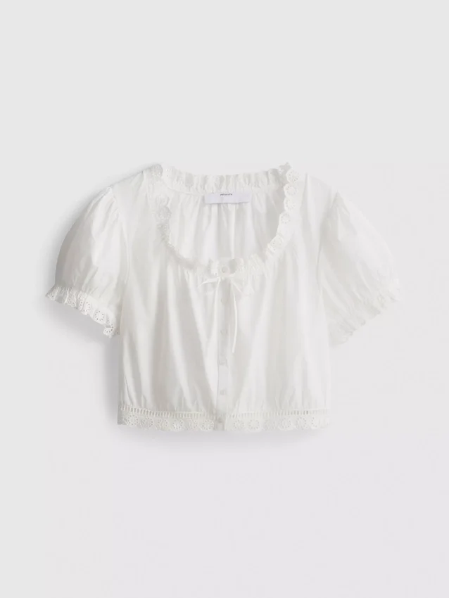 Cotton cropped puff sleeve poplin top