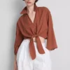 Cotton cropped tie front shirt