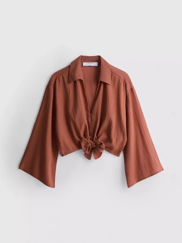 Cotton cropped tie front shirt