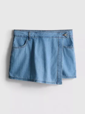 Cotton denim asymmetric wrap skort