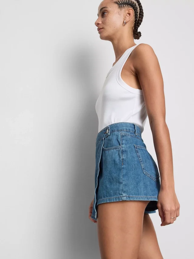 Cotton denim asymmetric wrap skort
