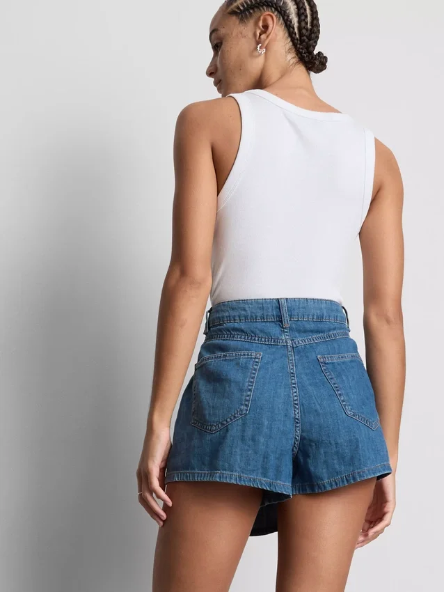 Cotton denim asymmetric wrap skort