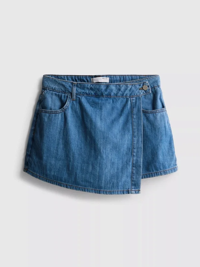 Cotton denim asymmetric wrap skort