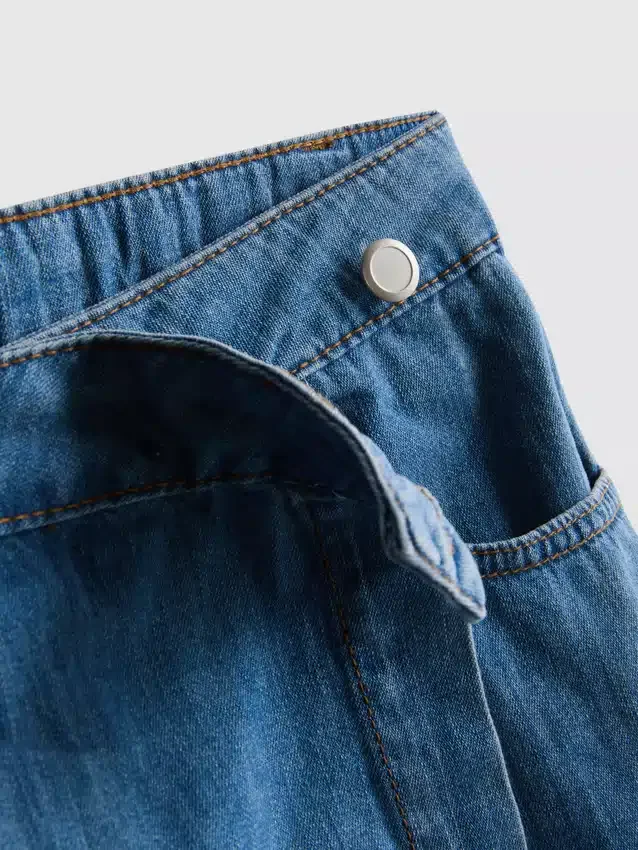 Cotton denim asymmetric wrap skort