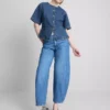 Cotton denim cinched short sleeve top