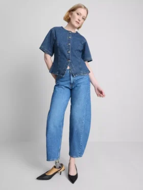 Cotton denim cinched short sleeve top