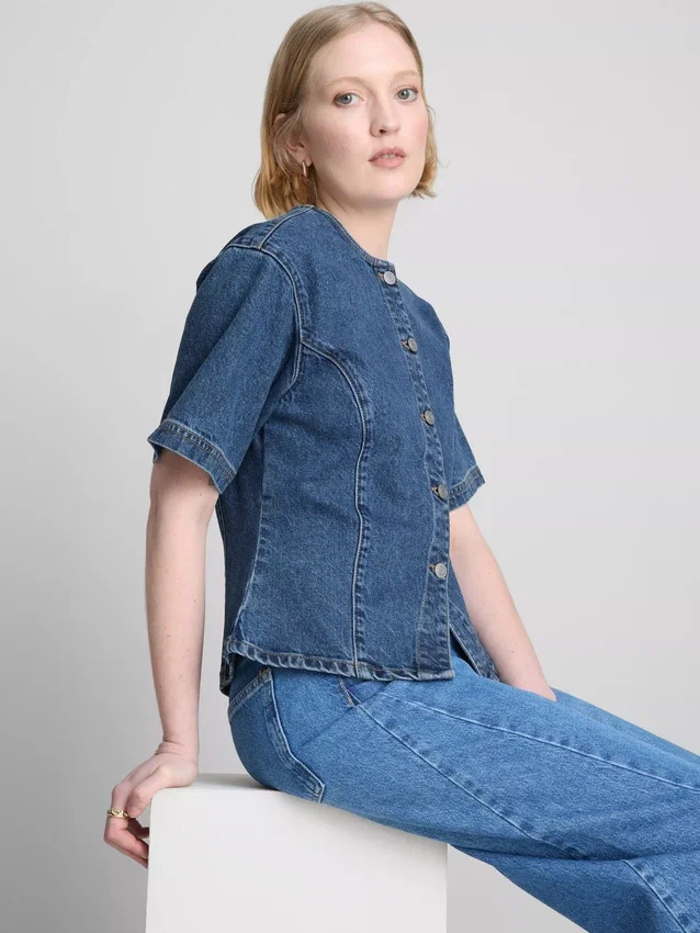 Cotton denim cinched short sleeve top