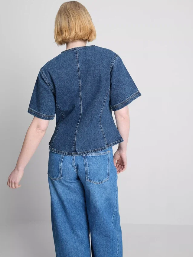 Cotton denim cinched short sleeve top