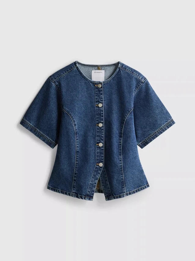 Cotton denim cinched short sleeve top