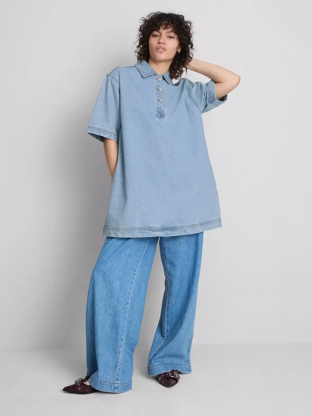 Cotton denim collared mini shift dress