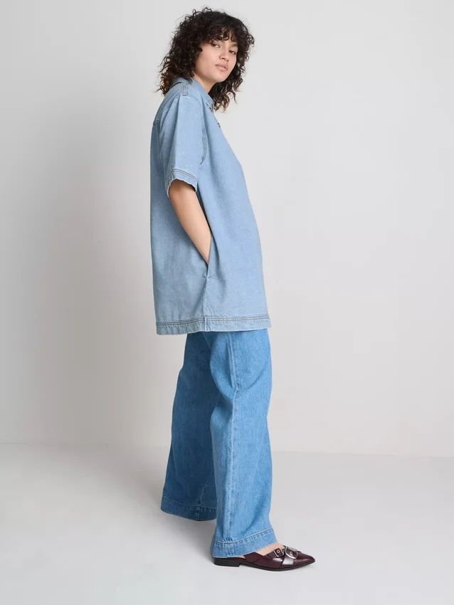 Cotton denim collared mini shift dress