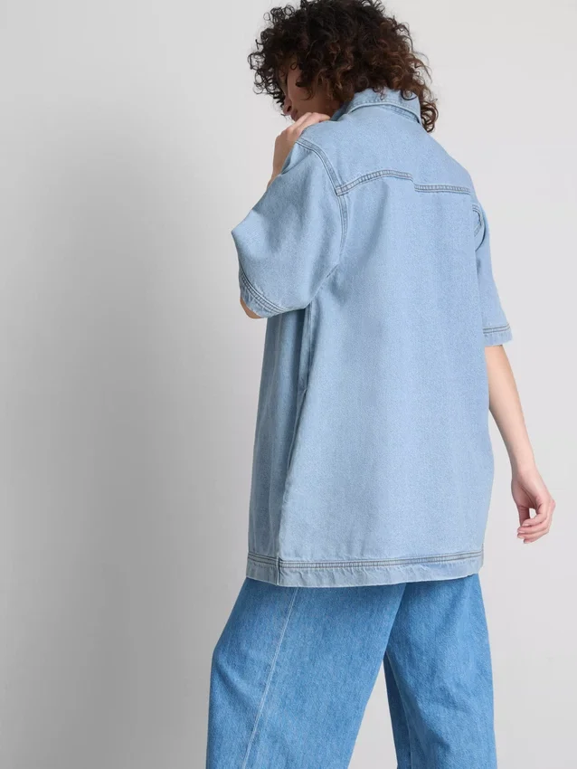 Cotton denim collared mini shift dress