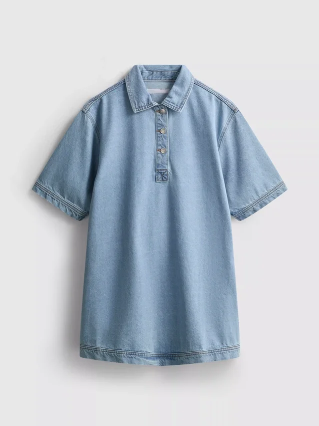 Cotton denim collared mini shift dress