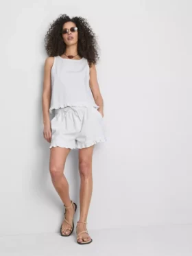 Cotton denim cropped ruffle tank top