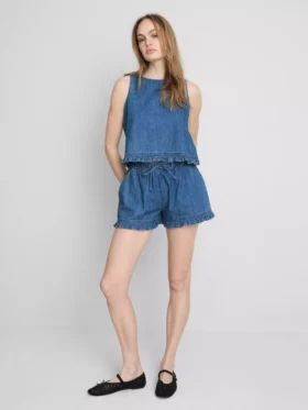 Cotton denim cropped ruffle tank top