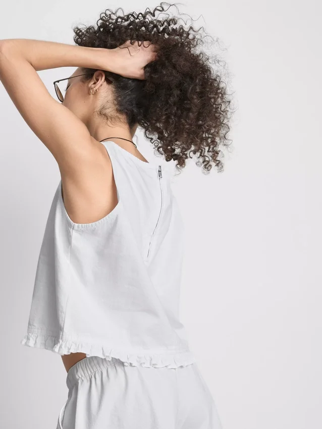 Cotton denim cropped ruffle tank top
