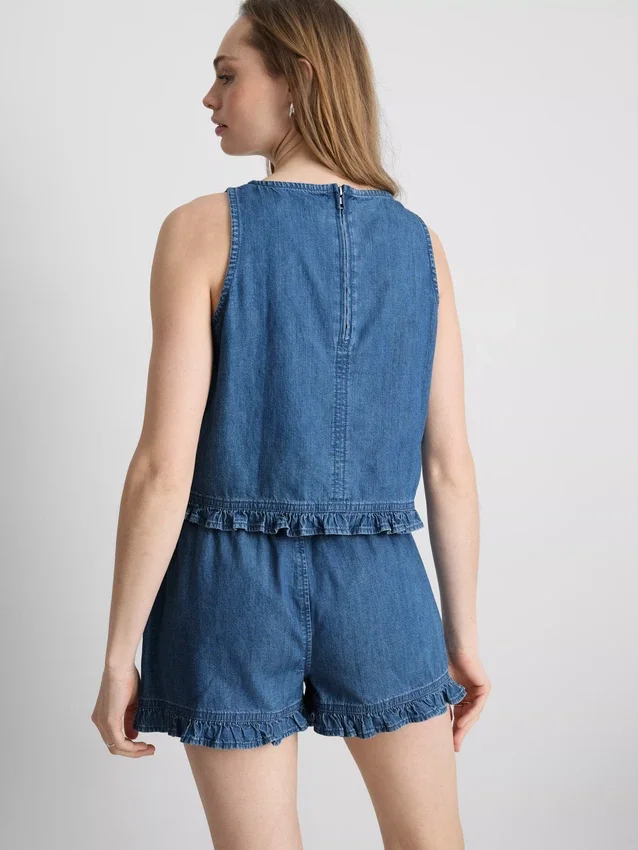 Cotton denim cropped ruffle tank top