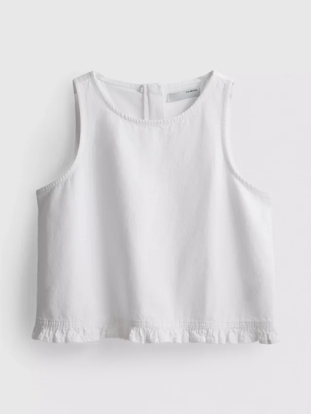 Cotton denim cropped ruffle tank top