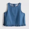 Cotton denim cropped ruffle tank top
