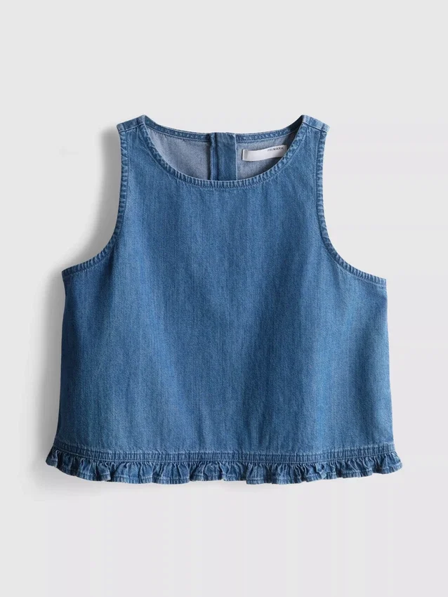 Cotton denim cropped ruffle tank top