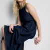 Cotton denim drop waist midi dress