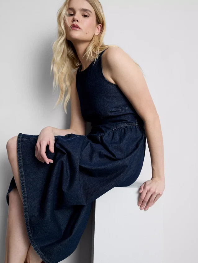 Cotton denim drop waist midi dress