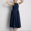 Cotton denim drop waist midi dress
