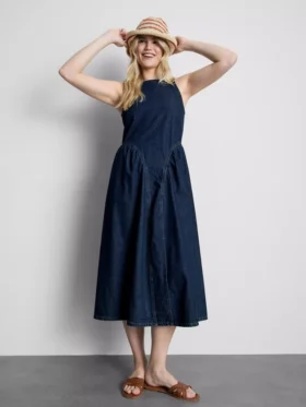 Cotton denim drop waist midi dress