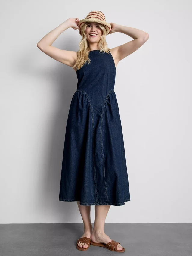 Cotton denim drop waist midi dress