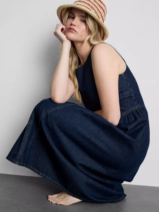 Cotton denim drop waist midi dress