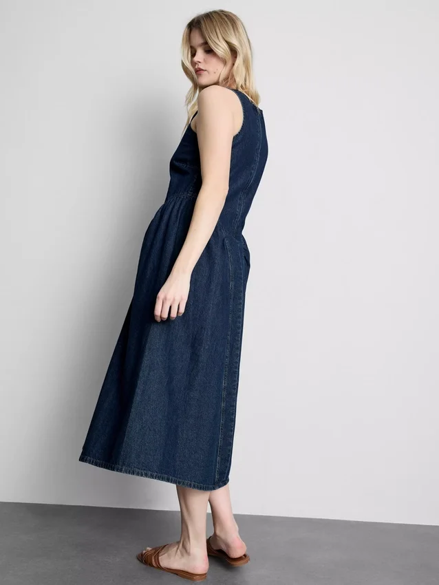 Cotton denim drop waist midi dress