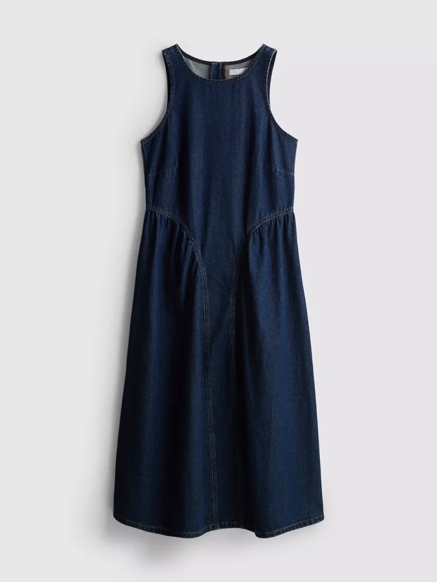 Cotton denim drop waist midi dress