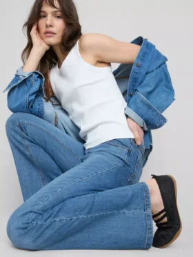Cotton denim flared mid-rise jeans