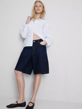 Cotton denim longline bermuda shorts