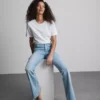 Cotton denim mid rise flared jeans