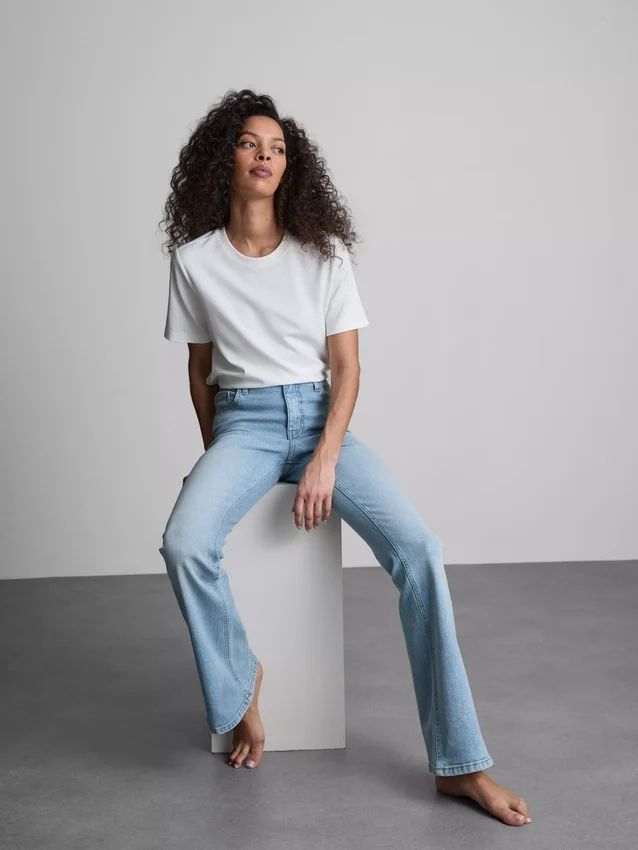 Cotton denim mid rise flared jeans