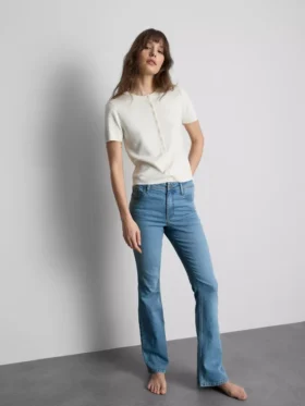 Cotton denim mid rise flared jeans