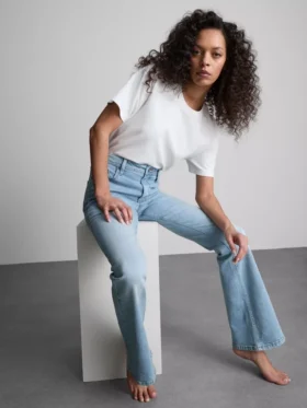 Cotton denim mid rise flared jeans