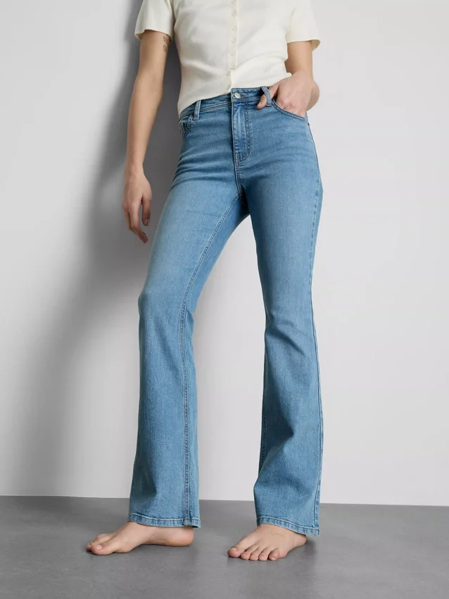 Cotton denim mid rise flared jeans