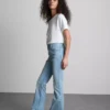 Cotton denim mid rise flared jeans
