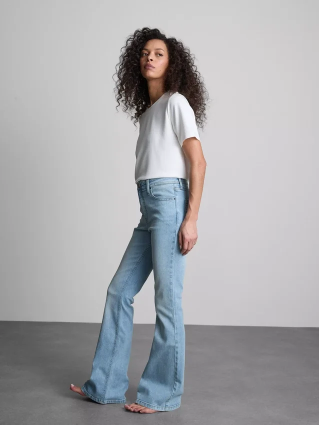 Cotton denim mid rise flared jeans