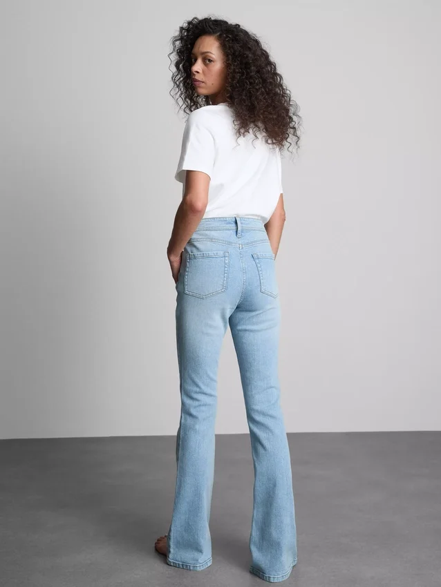 Cotton denim mid rise flared jeans