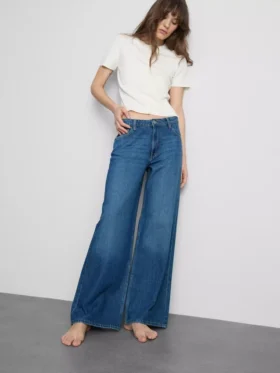 Cotton denim mid-rise wide-leg jeans