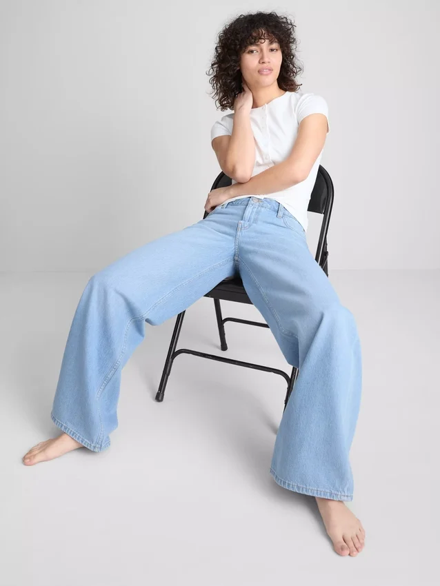 Cotton denim mid-rise wide-leg jeans