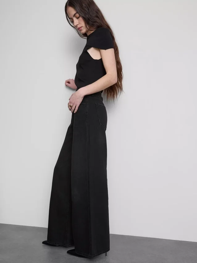 Cotton denim mid-rise wide-leg jeans