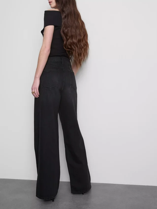 Cotton denim mid-rise wide-leg jeans