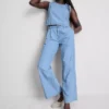 Cotton denim pleated wide leg jeans