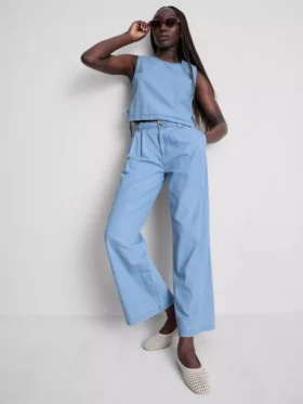 Cotton denim pleated wide leg jeans