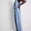 Cotton denim pleated wide leg jeans