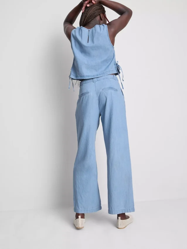 Cotton denim pleated wide leg jeans